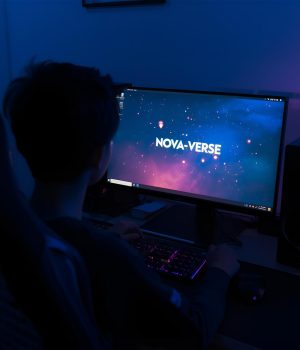 a boy seating in front of PC screen and he open a screen on which Nova-Verse in written